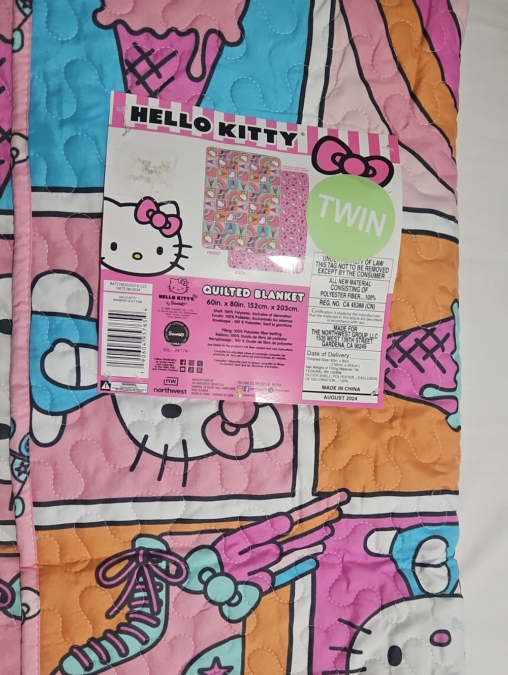 Hello Kitty Pink- Twin Rainbow Quilted Blanket